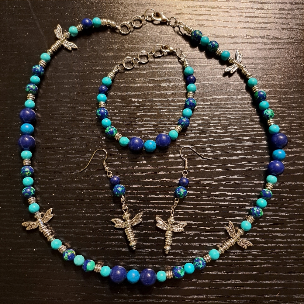 Turquoise, Lapis & Azurite Dragonfly Shades of Blue & Silver Jewelry Set